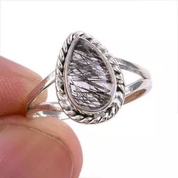 Натуральный черный рутил драгоценный камень 925 цельное стерлинговое серебро ювелирное кольцо размер 6 Y1r07