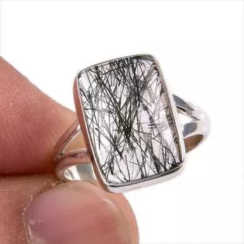 Натуральный черный рутил драгоценный камень 925 цельное стерлинговое серебро ювелирное кольцо размер 6 y7d94