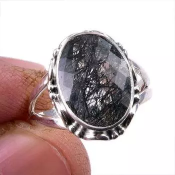Натуральный черный рутил драгоценный камень 925 цельное стерлинговое серебро ювелирное кольцо размер 6 r2J59