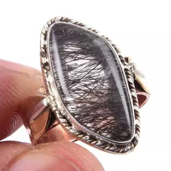 Натуральный черный рутил драгоценный камень 925 стерлингового серебра ювелирные изделия двухцветное кольцо S.7 u6t77