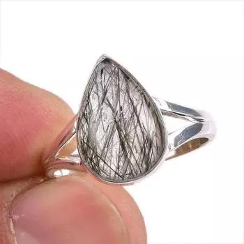 Натуральный черный рутил драгоценный камень 925 цельное стерлинговое серебро ювелирное кольцо размер 8 A6U40