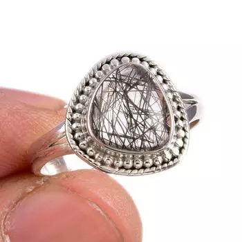 Натуральный черный рутил драгоценный камень 925 цельное стерлинговое серебро ювелирное кольцо размер 8 P0q18