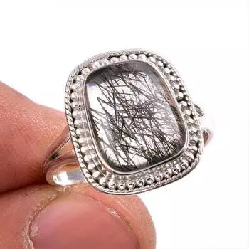 Натуральный черный рутил драгоценный камень 925 цельное стерлинговое серебро ювелирное кольцо размер 9 I7q64