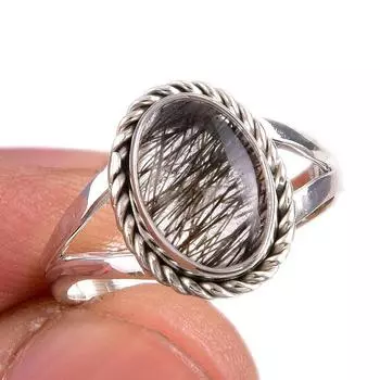 Натуральный черный рутил драгоценный камень 925 цельное стерлинговое серебро ювелирное кольцо размер 7 r0l93