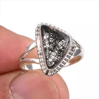Натуральный черный рутил драгоценный камень 925 цельное стерлинговое серебро ювелирное кольцо размер 6 U7m53