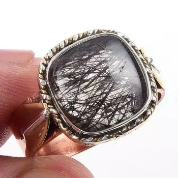 Натуральный черный рутил драгоценный камень 925 стерлингового серебра ювелирные изделия двухцветное кольцо S.9 B1j44