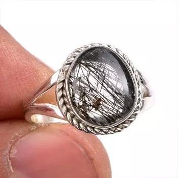 Натуральный черный рутил драгоценный камень 925 цельное стерлинговое серебро ювелирное кольцо размер 6 c0F63
