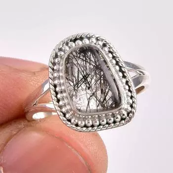 Натуральный черный рутил драгоценный камень 925 цельное стерлинговое серебро ювелирное кольцо размер 8 p2n57