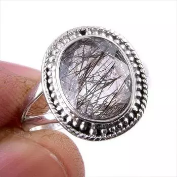 Натуральный черный рутил драгоценный камень 925 цельное стерлинговое серебро ювелирное кольцо размер 9 K0v30