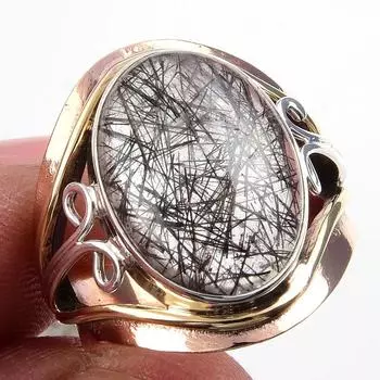 Натуральный черный рутил, двухцветное кольцо из стерлингового серебра 925 пробы, размер 5,5 a6d56