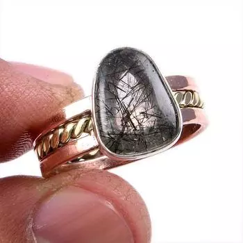 Натуральный черный рутил, двухцветное подарочное кольцо из твердого серебра 925 пробы S.9.5US z1y39