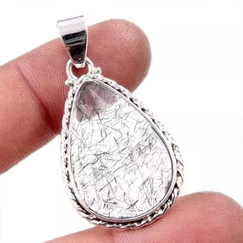 Натуральный черный рутил из чистого серебра 925 пробы Подарочный кулон 1,5 дюйма B0D50