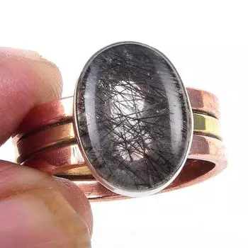 Натуральный черный рутил, ювелирное изделие из стерлингового серебра 925 пробы, двухцветное кольцо S.7 R3g04