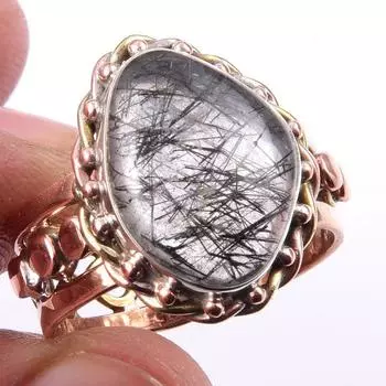 Натуральный черный рутил, ювелирное изделие из стерлингового серебра 925 пробы, двухцветное кольцо S.9 z7J63