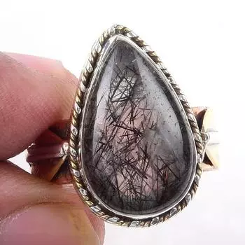 Натуральный черный рутил, ювелирное изделие из стерлингового серебра 925 пробы, двухцветное кольцо S.8 g1l25