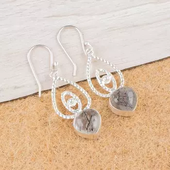 Натуральный черный рутиловый драгоценный камень Ювелирные изделия из серебра 925 пробы Серьги-подвески 2,00 EE-32-25