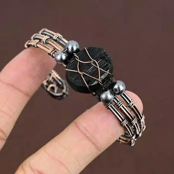 Натуральный черный турмалин, драгоценный камень, медная проволока, браслет-манжета, регулируемый j7j75