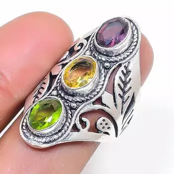 Натуральный цитрин, аметист драгоценный камень 925 стерлингового серебра ювелирное кольцо размер 7 S6f57