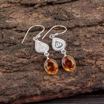 Натуральный цитрин Драгоценный камень 925 Стерлинговое серебро Ювелирные изделия Ручной работы Серьги 1,70 EE-8-9