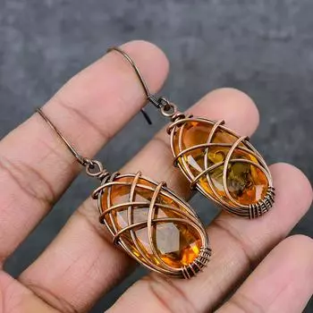 Натуральный цитрин, драгоценный камень, медная проволока, подарочная ювелирная серьга 2,60 дюйма, j3t27
