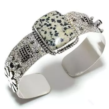 Натуральный далматинская яшма, драгоценный камень, браслет-манжета из стерлингового серебра 925 пробы, регулируемый. U9w52