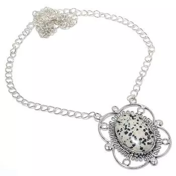 Натуральный далматинский драгоценный камень яшма из стерлингового серебра 925 пробы Подарочное ожерелье 18 дюймов H9u16