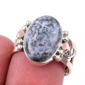 Натуральный дендрит опал драгоценный камень 925 сплошное серебро ювелирные изделия двухцветное кольцо 7.5US n4O69