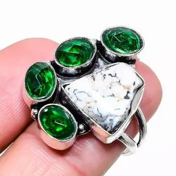 Натуральный дендритный опал, драгоценный камень диопсид, серебро 925 пробы, размер кольца 7,5 M4S83