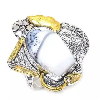 Натуральный дендритный опал, двухцветное кольцо из стерлингового серебра 925 пробы, размер 9 H7v41