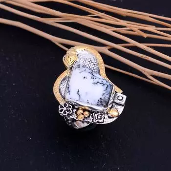 Натуральный дендритный опал, двухцветное кольцо из стерлингового серебра 925 пробы, размер 9 Z6N75