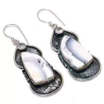 Натуральный дендритовый опал, белый топаз, серьги из стерлингового серебра 925 пробы, 2,56 дюйма, D0L88