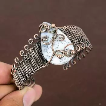 Натуральный дендритовый опал, драгоценный камень, браслет ручной работы из медной проволоки, регулируемый P9p84