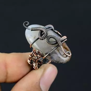 Натуральный дендритовый опал, драгоценный камень, кольцо из медной проволоки ручной работы, размер 6 W0H77