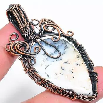 Натуральный дендритовый опал, драгоценный камень, подвеска ручной работы из медной проволоки, 2,64 дюйма, Z5C10