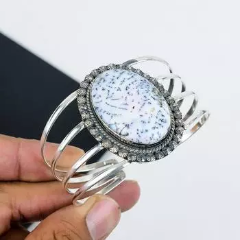 Натуральный Дендритовый Опал Драгоценный Камень Ручной Работы Манжета-Браслет из Стерлингового Серебра 925 пробы, Браслет с Дендритовым Опалом, Для Жены, Унисекс Браслет, Подарки для Нее 6 белый