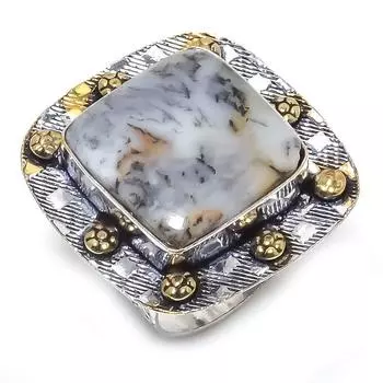 Натуральный дендритовый опал, двухцветное кольцо из стерлингового серебра 925 пробы, размер 9,5 N1C69