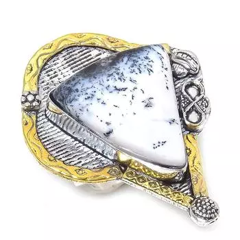 Натуральный дендритовый опал, двухцветное кольцо из стерлингового серебра 925 пробы, размер 8 O4t75