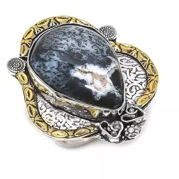 Натуральный дендритовый опал, двухцветное кольцо из стерлингового серебра 925 пробы, размер 9 r2o64