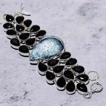 Натуральный дендритовый опал и драгоценный камень шпинель Браслет из стерлингового серебра 925 пробы 7–8 дюймов f6E90