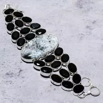 Натуральный дендритовый опал и драгоценный камень шпинель Браслет из стерлингового серебра 925 пробы 7–8 дюймов Q9D80