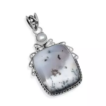 Натуральный дендритовый опал с крошечным жемчужным камнем, стерлинговое серебро 925 пробы, подвеска ручной работы для женщин и девочек