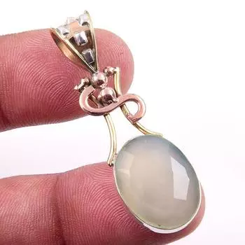 Натуральный драгоценный камень аква-халцедон 925 пробы, одноцветное серебро, двухцветный кулон размером 1,75 дюйма U7B54