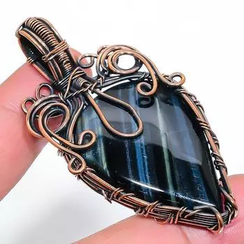 Натуральный драгоценный камень Черный тигровый глаз Кулон ручной работы из медной проволоки 2,56 дюйма k0c81