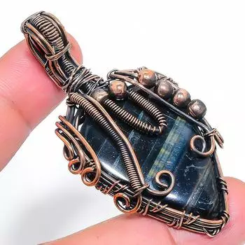 Натуральный драгоценный камень Черный тигровый глаз Подвеска ручной работы из медной проволоки 2,48 дюйма R1D04