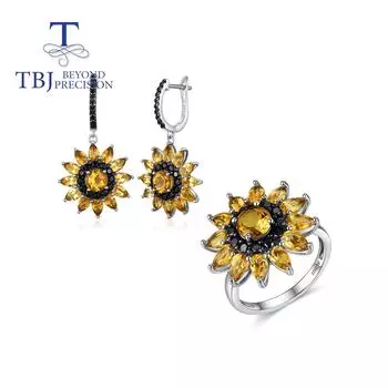 Натуральный драгоценный камень цитрин, кольцо, серьги, комплект ювелирных изделий, серебро 925 пробы, роскошные ювелирные украшения для женщин, подарок на годовщину помолвки us ring size 6# жёлтый