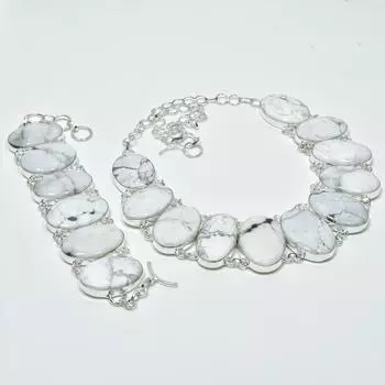 Натуральный драгоценный камень говлит, ручная работа, серебряные украшения 925 пробы, браслет-колье из говлита, комплект старинных ювелирных изделий, подарок на день рождения 20 белый