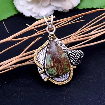 Натуральный драгоценный камень хризоколла, стерлинговое серебро 925 пробы, двухцветный кулон 2 дюйма i0Q02