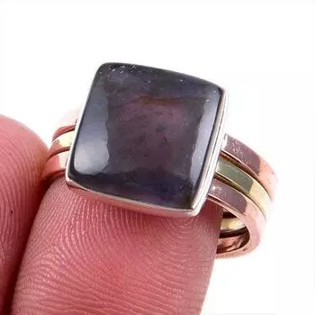 Натуральный драгоценный камень иолит ручной работы из твердого серебра 925 пробы, двухцветное кольцо, размер 9,5US P4D17