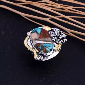 Натуральный драгоценный камень колючая устрица, двухцветное кольцо из стерлингового серебра 925 пробы, размер 9 Q3O84