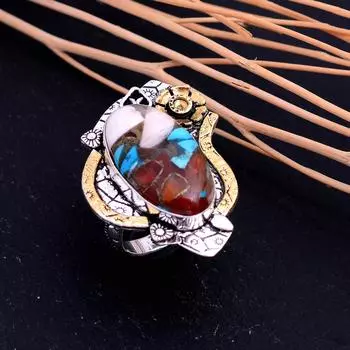 Натуральный драгоценный камень колючая устрица, двухцветное кольцо из стерлингового серебра 925 пробы, размер 8 u5N51